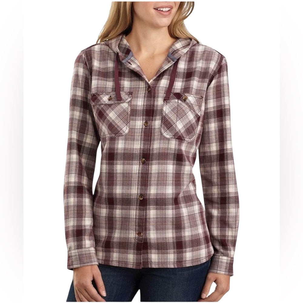 Carhartt Plaid Flannel Button Up Shirt with Attached Hood (O)